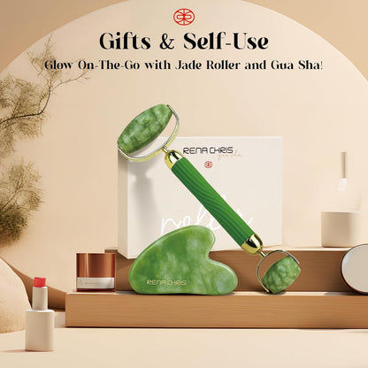 Gua Sha and Face Roller Set: Anti-Breakage Jade Roller for Long-Lasting Use, Jawline Sculpting and Puffiness Reducing, Gua Sha Facial Tools for Self Care Gift (Green)