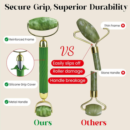 Gua Sha and Face Roller Set: Anti-Breakage Jade Roller for Long-Lasting Use, Jawline Sculpting and Puffiness Reducing, Gua Sha Facial Tools for Self Care Gift (Green)
